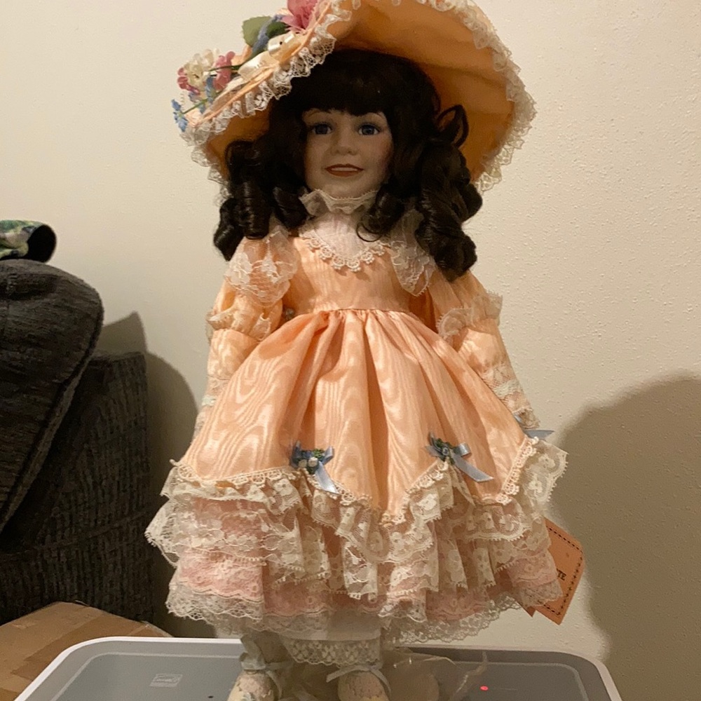 Porcelain Decorative Doll in Peach Lace Dress